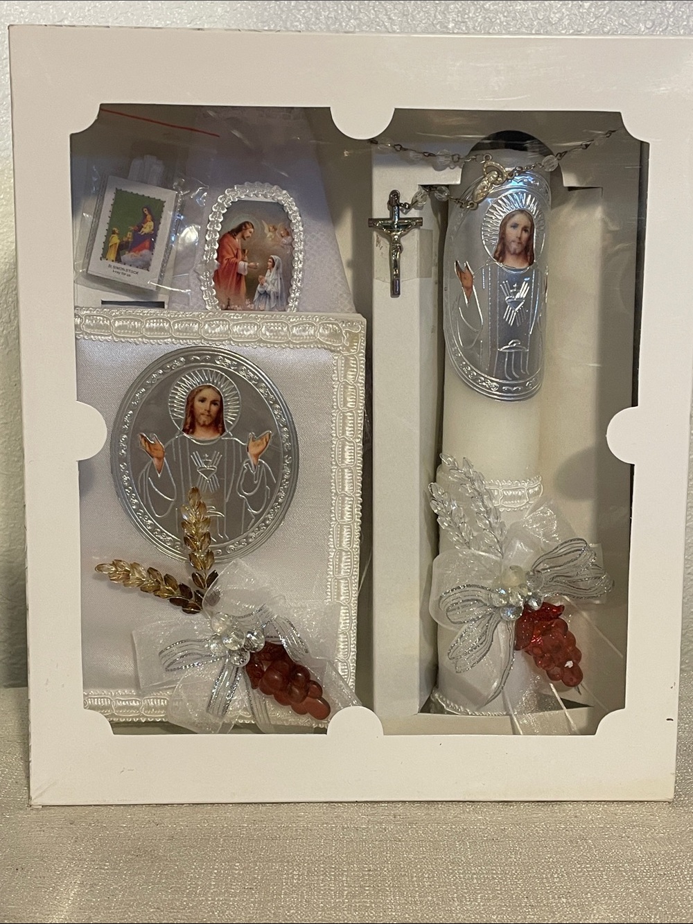 White and Silver Religious Candle Set with Decorative Accents